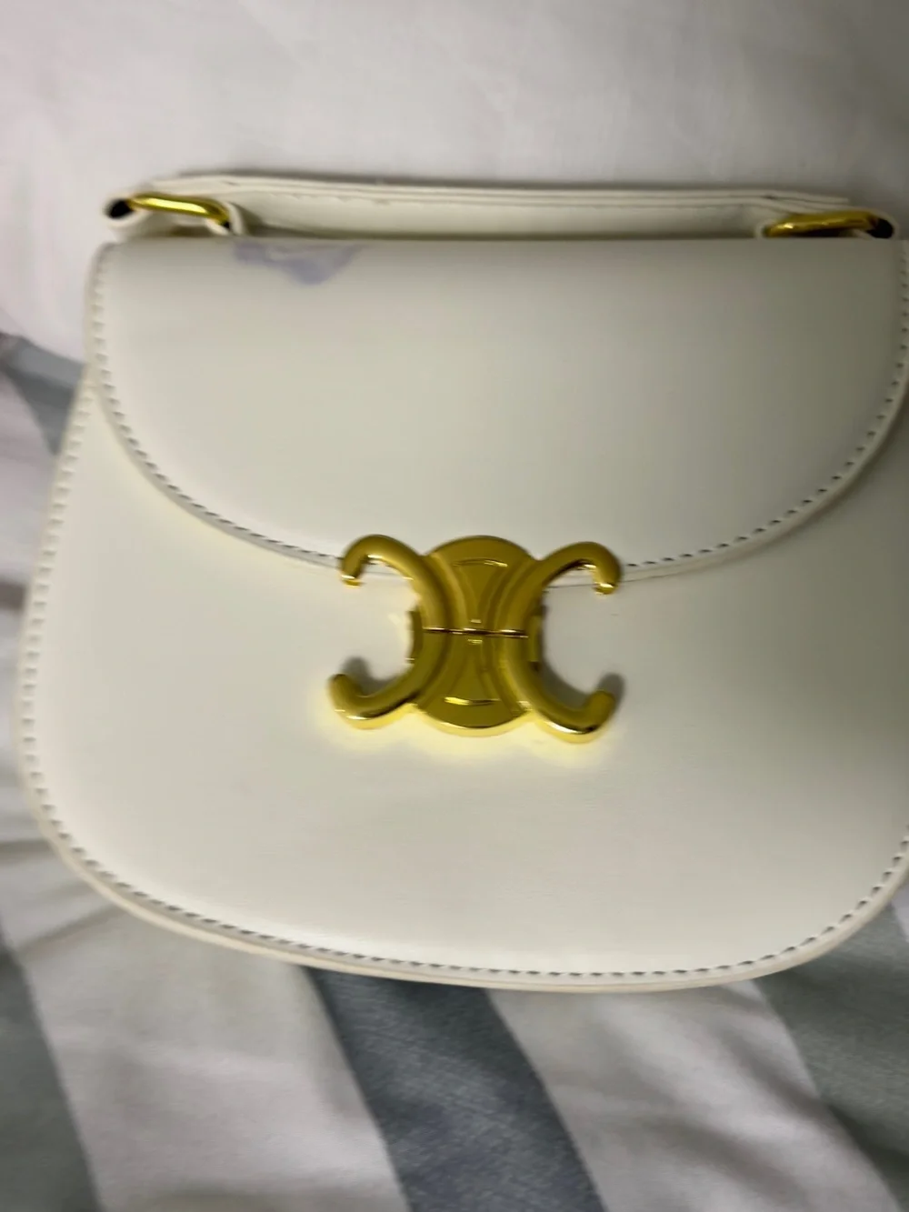 White Leather Top-Handle Shoulder Bag with Gold Accent